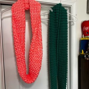 Coral and hunter green infinity scarves